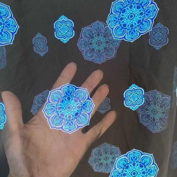 EUC DANA BUCHMAN Black & Blue Mandala Top with Sheer Cover Short Sleeve PL - Picture 3 of 9